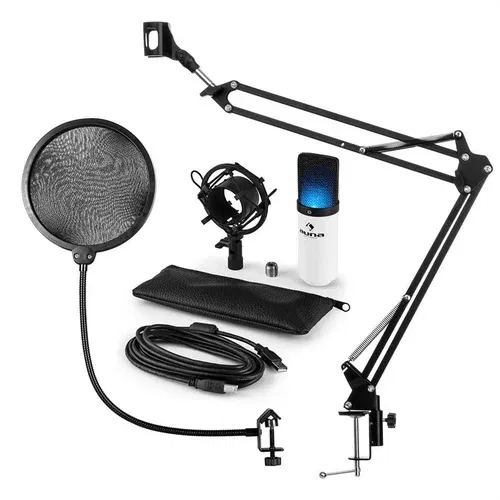 Auna MIC-900WH-LED USB, mikrofon set V4, kondenzatorski mikrofon, pop filter, nosač za mikrofon, LED, bijela