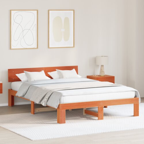 VidaXL posteljna konstrukcija s naslonom Voskana rjava 160x200 cm Trden borov les Slike
