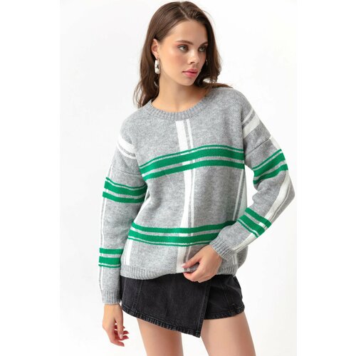 Lafaba Women's Gray Crewneck Plaid Pattern Sweater Slike