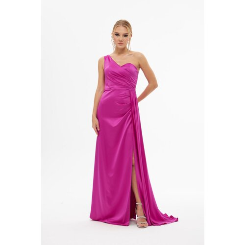 Carmen Fuchsia Satin One-Shoulder Slit Long Evening Dress Slike