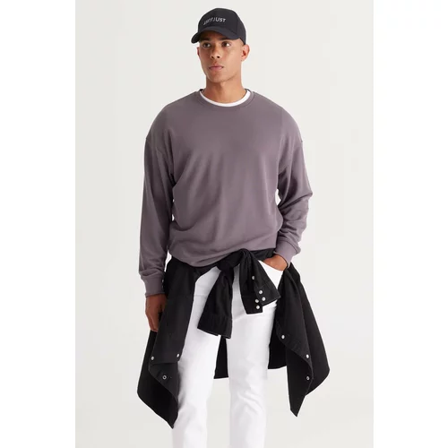 AC&Co / Altınyıldız Classics Men's Dark Gray Loose Fit Fleece Inside 3 Thread Crew Neck Jacquard Sweatshirt