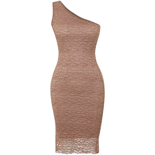 Trendyol light brown single sleeve body fitted textured stretch knitted midi dress Slike