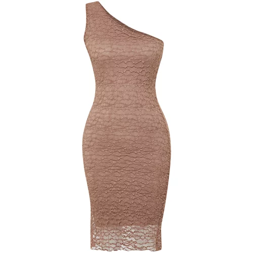 Trendyol Light Brown Single Sleeve Body Fitted Textured Stretch Knitted Midi Dress
