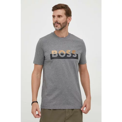 Boss Bombažna kratka majica siva barva