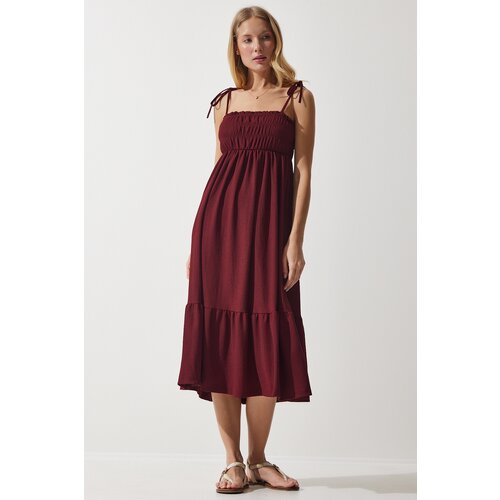 Happiness İstanbul women's burgundy strappy crinkle summer knitted dress Cene