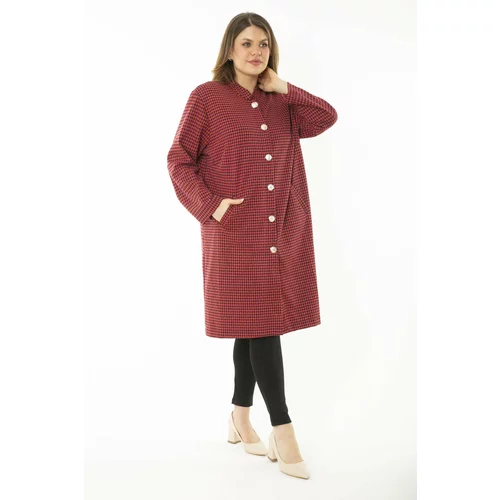 Şans Women's Plus Size Red Blouse Pattern Metal Buttoned Unlined Cape