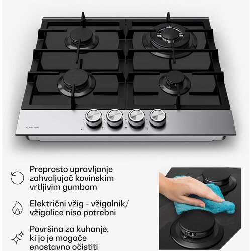 Klarstein Verosteel plinsko kuhalo, 4 plamena, električno paljenje, kompatibilno s prirodnim plinom i LPG-jem, 8000 W, 60cm Slike
