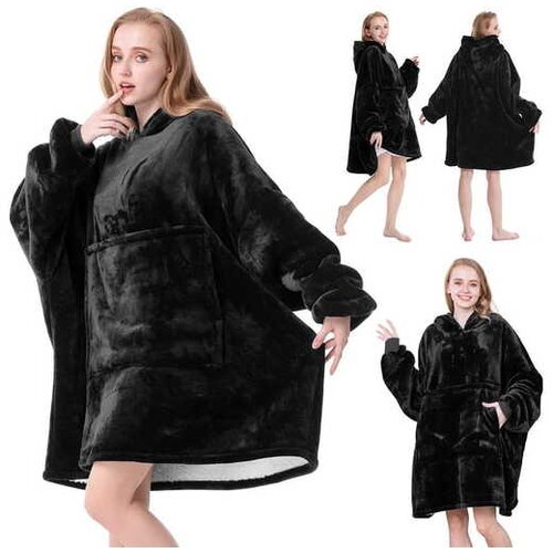 COZY hoodie odeja z rokavi za odrasle - Črna Slike