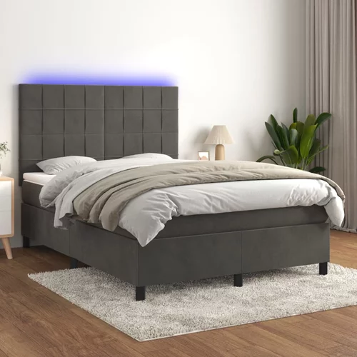 vidaXL Box spring postelja z vzmetnico LED temno siva 140x200 cm žamet