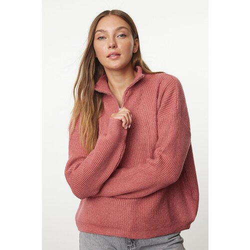 Trendyol Dusty Rose Soft Texture Zippered Knitwear Sweater Cene