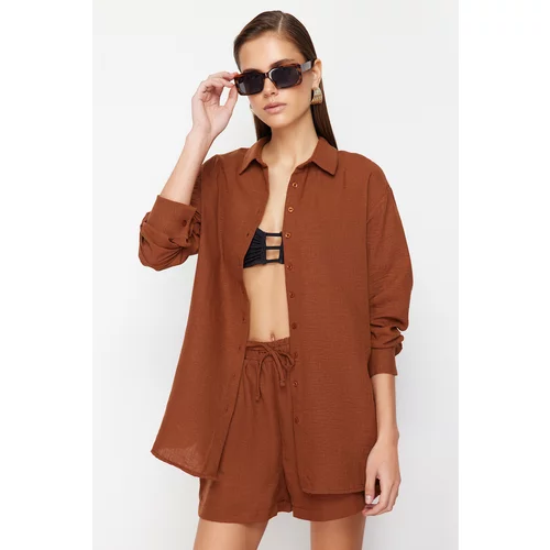 Trendyol Brown Woven Linen Look Shirt and Shorts Set