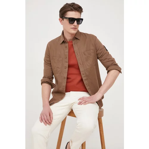 Calvin Klein Jeans Košulja s dodatkom lana boja: smeđa, regular, s klasičnim ovratnikom