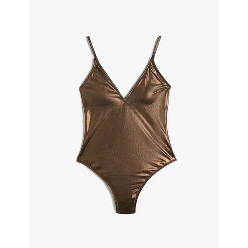 Koton V-Neck Swimsuit with Thin Straps Glossy Coated