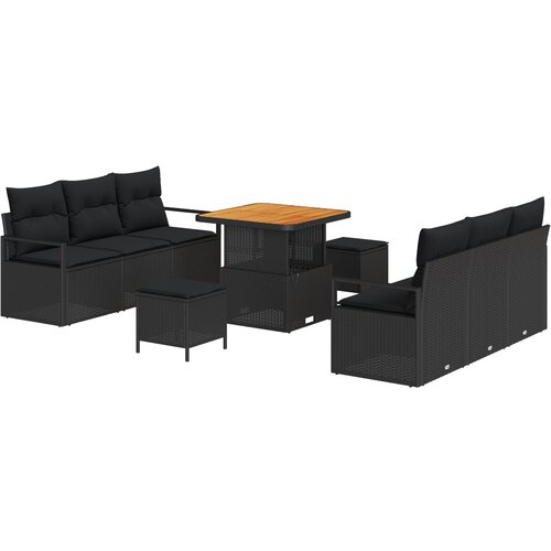 VidaXL set od 9 dijelova vrtnih sofa s jastucima crni poli ratan akacija, dvosjed vrtni sofa s odjeljkom za pohranu i jastučićima crni poli ratan, 3-dijelni vrtni set za jelo s jastučićima crni poli ratan akacija Slike