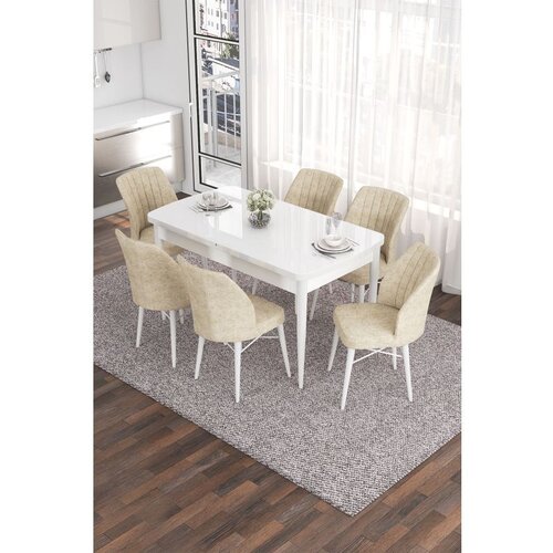 Hanah home Eva - White, Cream WhiteCream Extendable Dining Table & Chairs Set (7 Pieces) Cene