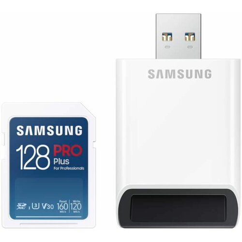 Samsung pro plus full size SDXC 128GB U3 + card reader MB-SD128KB Slike