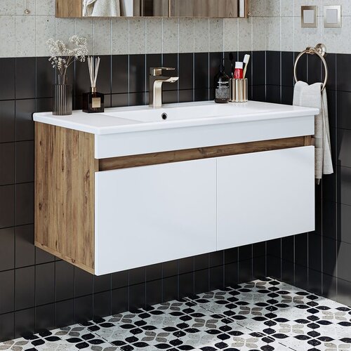 Hanah home kupatilski ormarić sa lavaboom 1904, 100 cm, atlantski bor / mat beli Cene