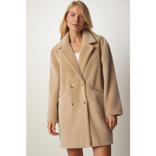  Women's Beige Rabbit Hair Look Oversized Coat Cene
