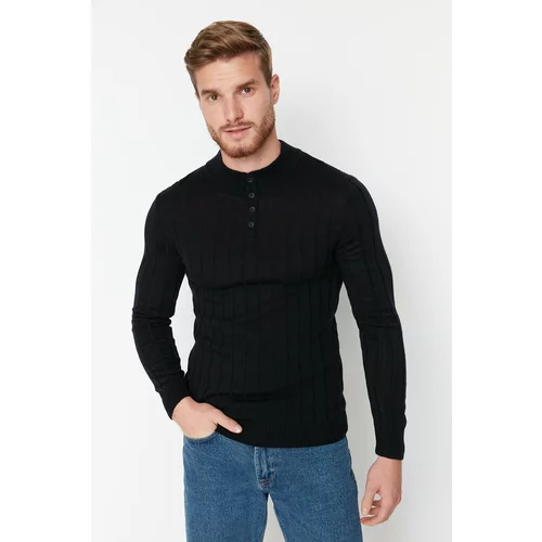 Trendyol Navy Blue Men's Fitted Slim Fit Buttoned Plaid Half Fisherman Basic Knitwear Sweater