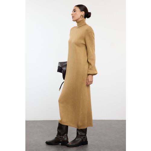 Trendyol Camel Midi Knitwear Soft Texture Sweater Dress Cene