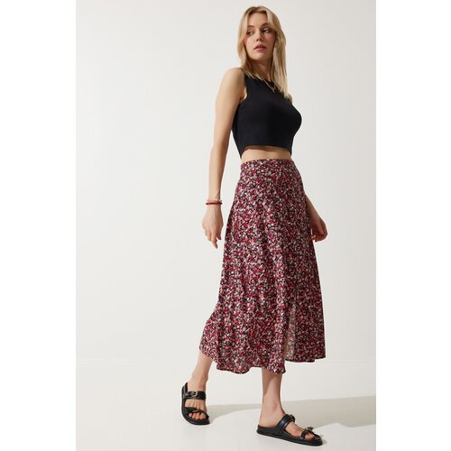  Women's Red Black Floral Slit Summer Viscose Skirt Cene