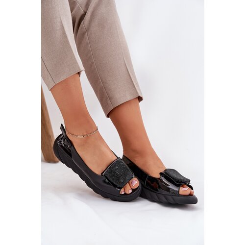 ARTIKER Leather Patent Women's Wedge Sandals with Decoration Black Cene