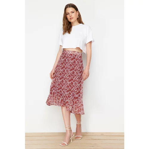 Trendyol Brown Skirt Frilly Chiffon Fabric Patterned Midi Woven Skirt