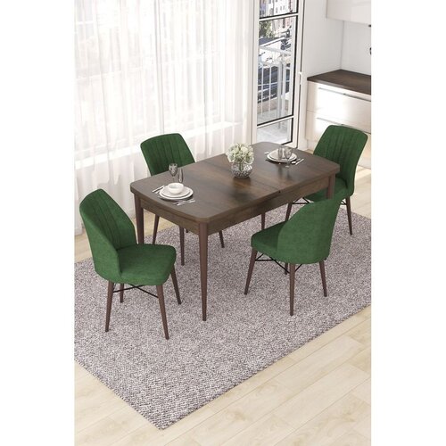 Hanah home trpezarijski set Nef, sto na razvlačenje i 4 stolice, ploča u dekoru drveta Baroque, kaki zelena tkanina Jerry Cene