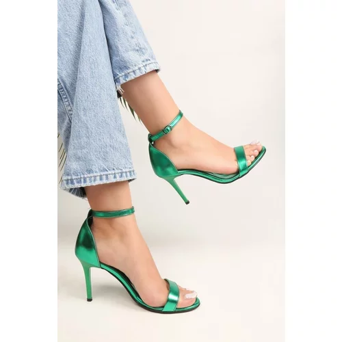 Shoeberry Women's Dianthus Emerald Green Metallic Single Strap Heeled Shoes