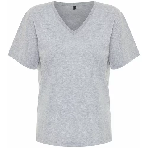 Trendyol Gray Melange Oversize V-Neck Knitted T-Shirt