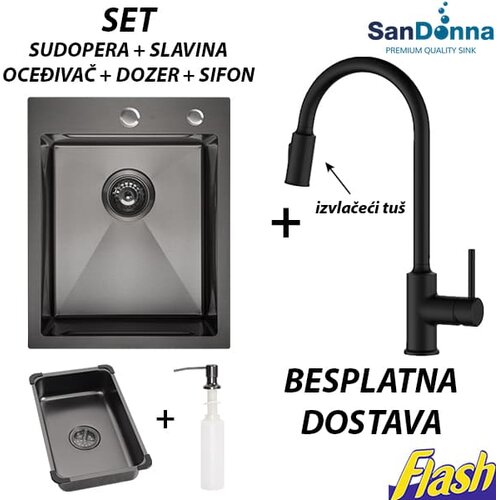  Crna INOX Sudopera sa slavinom izvlačeći tu&amp;scaron; (SET) - SanDonna - HD4050R Slike