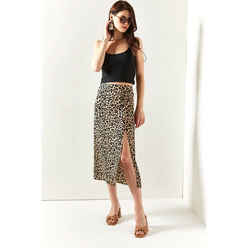 Olalook Women's Beige Leopard Slit Patterned Midi Skirt