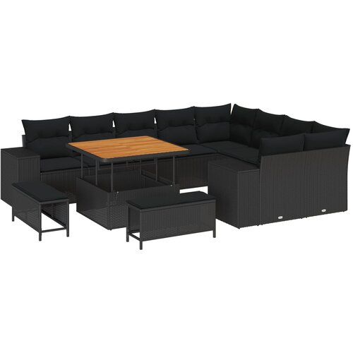 vidaXL set vrtnih sofa od 12 dijelova s jastučićima, crni poli ratan akacija, set vrtnih blagovaonika od 3 dijela s jastučićima, crni poli ratan akacija Cijene