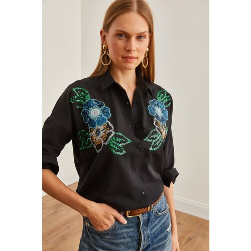 Olalook Women's Floral Black Palm Sequin Detailed Woven Shirt Slike