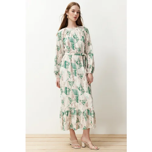 Trendyol Green Floral Belted Woven Dress