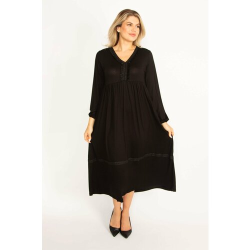 Şans Women's Plus Size Black Flare Detail Long Sleeve Layered Dress Slike