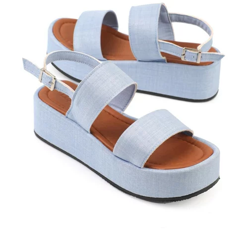 Capone Outfitters Capone Denim Jeans with Wedge Heels, Light Blue Denim Women's Sandals.