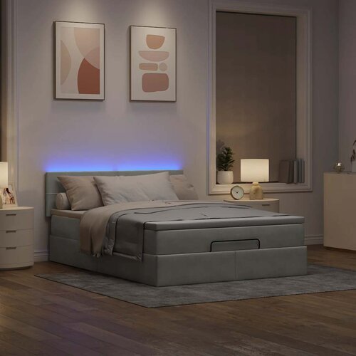 VidaXL Otomanska postelja z vzmetnico&amp;amp;LEDs svetlo siva 140x200cm žamet Slike
