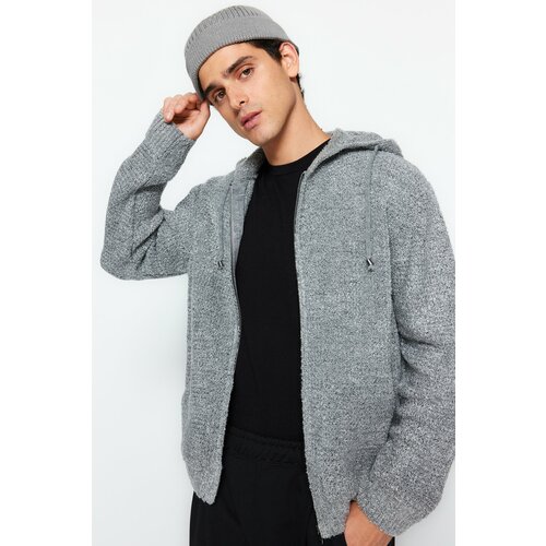 Trendyol Gray Men's Regular Fit Hooded Pocketed Textured Knitwear Cardigan Slike