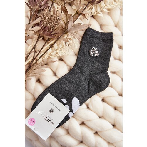 Kesi Women's cotton socks with teddy bear applique, dark grey Cene