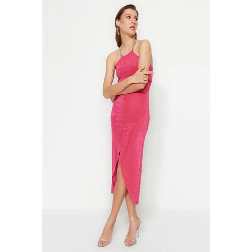 Trendyol Fuchsia Double Breasted Knitted Evening Dress