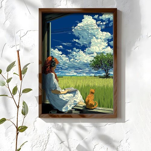 Wallxpert uramljena MDF slika NAL095-46, devojka sa slušalicama čita na prozoru pored riđe mačke, ispred zelenog polja, 35,5 x 47 cm Cene