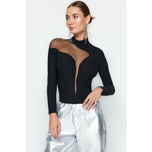 Trendyol Black Transparent Detailed Knitted Tulle Bodysuit Slike