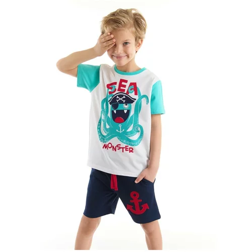 Denokids Sea Monster Boy's White T-shirt, Navy Blue Shorts Set