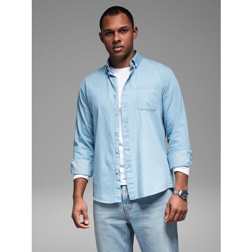 Ombre Men's patterned thin denim shirt with pocket - light blue Cijene