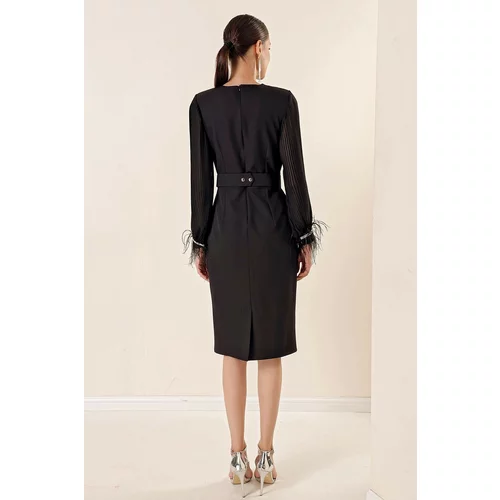 By Saygı Double-breasted Collar Lined Chiffon Sleeves With Stones And Feather Detail Belt Waist Crepe Dress Black.