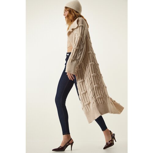  Women's Cream Wide Collar Patterned Long Knitwear Cardigan Cijene