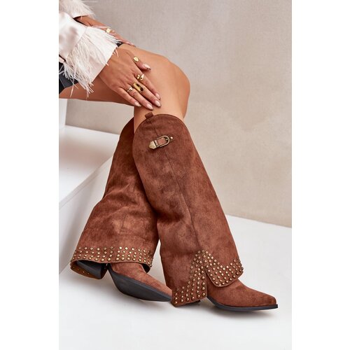 FS1 Knee Boots With Rolled Shaft On Heel Brown Iveliri Slike