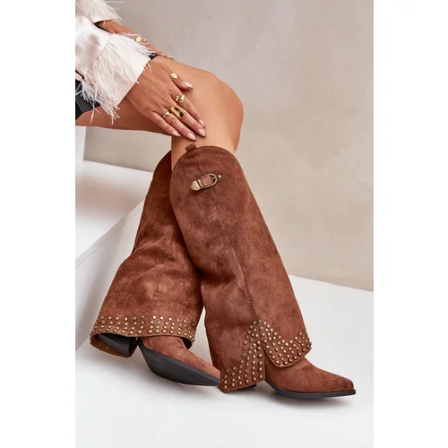 FS1 Knee Boots With Rolled Shaft On Heel Brown Iveliri