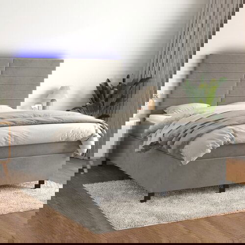VidaXL Krevet box spring s madracem LED svjetlosivi 140x200 cm bar&amp;scaron;un Slike